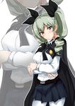  anchovy anzio_school_uniform belt black_neckwear black_skirt blush breast_hold breasts cape commentary_request contrapposto cowboy_shot drill_hair emblem girls_und_panzer green_hair hair_ribbon large_breasts long_hair long_sleeves looking_at_viewer miniskirt necktie pantyhose pleated_skirt poshi_(ginmokusei) red_eyes ribbon school_uniform shirt skirt solo standing twin_drills twintails white_legwear white_shirt 