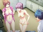  2girls bra breasts brown_hair circle_hitori cleavage empty_eyes glasses lavender_hair long_hair mind_control multiple_girls open_clothes panties short_hair soushinjutsu_3 standing teacher underwear undressing 