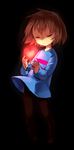  black_background brown_hair closed_eyes frisk_(undertale) full_body glowing heart mikan_(ama_no_hakoniwa) pantyhose shirt simple_background solo striped striped_shirt undertale 