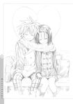  1girl absurdres coat greyscale highres monochrome sairenji_haruna scarf school_uniform shared_scarf short_hair to_love-ru winter_clothes winter_coat yabuki_kentarou yuuki_rito 