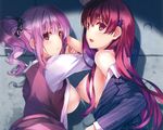  2girls breasts cropped long_hair misaki_kurehito nipples no_bra pink_hair ponytail red_hair scan 