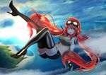  amano_tora bandaged_arm bandages bare_shoulders black_legwear blue_eyes breasts cleavage cloud fingerless_gloves flying gloves goggles goggles_on_head high_heels highres island kazenoko leg_up lens_flare long_hair looking_at_viewer low_twintails medium_breasts midriff ocean open_mouth original red_hair shorts sky solo striped striped_legwear sunrise tank_top thighhighs twintails very_long_hair 