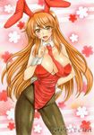  animal_ears asahina_mikuru asahina_mikuru_(adult) ass_visible_through_thighs bangs between_breasts breasts brown_eyes brown_hair bunny_ears bunny_girl bunnysuit cleavage finger_to_mouth large_breasts long_hair marker_(medium) mole mole_on_breast necktie older open_mouth solo suzumiya_haruhi_no_yuuutsu takecha traditional_media wrist_cuffs 