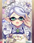  &gt;_&lt; 1girl :d alternate_costume animal aori_(splatoon) apron arm_up baseball_cap black_hair blue_bow blue_dress blue_neckwear bottle bow bowtie brooch cat closed_eyes dress earrings echizen_(splatoon) emerald enmaided fangs flying_sweatdrops gem green_eyes hat hotaru_(splatoon) jajji-kun_(splatoon) jewelry long_hair looking_at_viewer maid mirror mole mole_under_eye n_kamui nail_polish open_mouth perfume_bottle pointy_ears purple_hat reflection shirt silver_hair smile solo_focus splatoon_(series) splatoon_1 striped striped_bow striped_neckwear t-shirt teeth tiara wardrobe white_apron yellow_nails yellow_sclera 