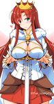  aqua_eyes between_breasts boudica_(fate/grand_order) breasts cleavage cleavage_cutout corset crown fate/grand_order fate_(series) fue_(rhomphair) green_eyes juliet_sleeves large_breasts long_hair long_sleeves puffy_sleeves red_hair shrug_(clothing) smile solo sword weapon 