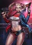  baseball_bat batman_(series) belt blonde_hair blue_eyes bracelet chiappa_rhino covered_nipples dc_comics eyeshadow fishnet_pantyhose fishnets gun handgun harley_quinn jacket jewelry looking_at_viewer makeup midriff multicolored multicolored_clothes multicolored_jacket multicolored_shorts navel no_bra over_shoulder pantyhose shirt short_shorts shorts smile solo spiked_bracelet spikes studded_belt suicide_squad torn_clothes torn_shirt twintails weapon weapon_over_shoulder x.four 