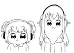  :3 bkub_(style) greyscale headphones long_hair looking_at_viewer monochrome morisoba_(silent_hill) multiple_girls nitroplus parody poptepipic short_hair simple_background style_parody super_pochaco super_sonico twintails 
