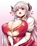  alicia_(granblue_fantasy) areola_slip areolae blush breasts bukatsu_(clubactivity) cleavage curvy demon_girl dress earrings female gloves gradient gradient_background granblue_fantasy horns huge_breasts long_hair looking_at_viewer open_mouth plump pointy_ears puffy_nipples red_eyes silver_hair simple_background sina_and_d solo standing upper_body very_long_hair white_gloves 