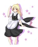  alternate_hairstyle apron bare_legs blonde_hair blush bow cheunes full_body hat hat_bow hat_removed headwear_removed highres kirisame_marisa puffy_short_sleeves puffy_sleeves short_sleeves smile solo star touhou waist_apron white_bow witch_hat yellow_eyes 
