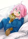  :i absurdres ahoge ensemble_stars! green_eyes highres himemiya_touri ichigokono looking_up male_focus pink_hair sidelocks sitting solo stuffed_animal stuffed_toy tears teddy_bear 