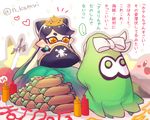  ... 1girl aori_(splatoon) black_hair blue_dress blush bow bread domino_mask dress earrings food hat jewelry ketchup ketchup_bottle kirby kirby_(series) looking_at_viewer mario_(series) mask master_sword n_kamui pirate_hat pointy_ears red_hat salad sandwich solo splatoon_(series) splatoon_1 spoken_ellipsis squid_pillow super_mario_bros. tentacle_hair text_focus the_legend_of_zelda tiara translation_request twintails white_bow yellow_eyes 