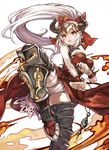  aliza_(granblue_fantasy) armor armored_boots boots breasts draph dress earrings fighting_stance fire granblue_fantasy hair_pulled_back highres horns jewelry large_breasts long_hair pointy_ears ponytail red_dress red_eyes shibano_kaito silver_hair solo white_legwear 