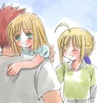  2girls ahoge artoria_pendragon_(all) blonde_hair emiya_shirou fate/apocrypha fate/grand_order fate/stay_night fate_(series) hug kaze_tsuki lowres mordred_(fate) mordred_(fate)_(all) mother_and_daughter multiple_girls red_hair saber short_hair smile x) 