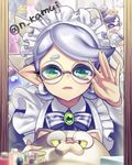  &gt;_&lt; 1girl :d alternate_costume animal aori_(splatoon) apron arm_up baseball_cap bespectacled black_hair blue_bow blue_dress blue_neckwear bottle bow bowtie brooch cat closed_eyes dress earrings echizen_(splatoon) emerald enmaided fangs flying_sweatdrops gem glasses green_eyes hat hotaru_(splatoon) jajji-kun_(splatoon) jewelry long_hair looking_at_viewer maid mirror mole mole_under_eye n_kamui nail_polish open_mouth perfume_bottle pointy_ears purple_hat reflection shirt silver_hair smile solo_focus splatoon_(series) splatoon_1 striped striped_bow striped_neckwear t-shirt teeth tiara wardrobe white_apron yellow_nails yellow_sclera 