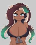  2019 animal_humanoid areola big_breasts breasts cephalopod cephalopod_humanoid clothing digital_media_(artwork) female grey_background hi_res humanoid marina_(splatoon) marine marine_humanoid mollusk mollusk_humanoid nintendo nipple_slip nipples octoling pinkcappachino simple_background smile solo splatoon tentacle_hair tentacles video_games wardrobe_malfunction zipper 