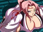  baiken breasts cleavage collarbone facial_mark feet guilty_gear highres huge_breasts japanese_clothes kneeling legs long_hair long_sleeves looking_at_viewer mizu one_eye_closed pink_hair ponytail purple_eyes sandals scar solo thighs wide_sleeves 