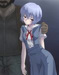  1girl age_difference ayanami_rei blue_hair dress fat_man homeless keny neon_genesis_evangelion red_eyes school_uniform short_hair size_difference solo_focus ugly_man 