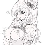  bow breast_grab breasts breasts_outside commentary_request grabbing greyscale hat kantai_collection large_breasts monochrome nipples pola_(kantai_collection) saliva solo_focus sunko tilted_headwear wavy_hair 