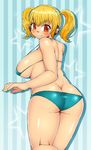  ass bikini blonde_hair blush breasts commentary_request headphones highres huge_breasts kurozu_(crozu) looking_at_viewer nitroplus orange_eyes plump shiny shiny_skin short_hair smile solo super_pochaco swimsuit twintails 