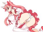  animal_ears ass bare_shoulders bent_over breasts cat_ears elbow_gloves fox_ears glasses gloves large_breasts original panties red-framed_eyewear red_eyes simple_background solo srco thighhighs thighs trefoil underwear vrkdh white_background white_legwear white_panties 