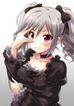  drill_hair gothic_lolita idolmaster idolmaster_cinderella_girls kanzaki_ranko lolita_fashion looking_at_viewer red_eyes silver_hair simple_background smile solo twin_drills uraichishi 