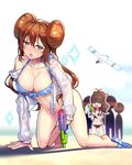  all_fours bare_legs bikini bikini_top black_bikini blue_eyes blurry blush bottomless breasts brown_hair cleavage collarbone commentary_request depth_of_field double_bun facebook front-tie_top gen_3_pokemon gloves hood hoodie large_breasts long_hair mei_(pokemon) multiple_girls navel off_shoulder open_clothes open_hoodie open_mouth pokemon pokemon_(creature) pokemon_(game) pokemon_bw pokemon_bw2 ponytail ririko_(zhuoyandesailaer) shaded_face single_glove swimsuit touko_(pokemon) water_gun wingull 