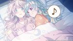  bed bed_sheet bedroom blush breast_grab breasts eighth_note grabbing groping incest indoors long_hair lying multiple_girls musical_note official_art on_bed open_mouth pillow siblings smile spoken_musical_note tsui_yuri_okaa_san_ni_wa_naisho_da_yo yuri 