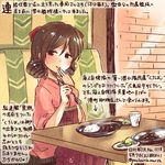  bow brown_hair commentary_request cup curry curry_rice dated drill_hair drinking_glass eating eyebrows_visible_through_hair food glass hair_bow hakama harukaze_(kantai_collection) holding holding_spoon japanese_clothes kantai_collection kimono kirisawa_juuzou long_hair meiji_schoolgirl_uniform numbered pink_kimono red_bow red_eyes red_hakama rice short_hair sitting solo spoon traditional_media translation_request twitter_username wide_sleeves 