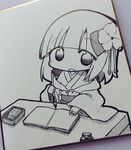  :o bangs blunt_bangs book bottle calligraphy_brush chibi flower greyscale hair_flower hair_ornament hieda_no_akyuu highres ink_bottle inkwell japanese_clothes kasuga_yuuki kimono long_sleeves looking_at_viewer monochrome open_book open_mouth paintbrush painting solo table tassel touhou wide_sleeves 