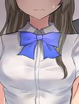  bow breasts brown_hair commentary_request head_out_of_frame highres long_hair neit_ni_sei original pursed_lips school_uniform shirt short_sleeves small_breasts solo sweatdrop 