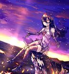  2015 artist_name bad_id bad_pixiv_id black_hair cliff cloud crying crying_with_eyes_open dated dress dutch_angle embers full_body hair_between_eyes haruko_(halife) highres knees_together_feet_apart long_hair mechanical_arms mechanical_legs number original outdoors parted_lips red_eyes red_ribbon ribbon sitting solo sundress sunset tears thigh_strap torn_clothes torn_dress white_dress wind 
