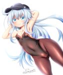  1girl anchor_symbol arm_up armpits bangs bare_arms bare_shoulders black_hat blue_eyes blue_hair blush breasts brown_legwear brown_leotard bunny_tail cameltoe closed_mouth collarbone commentary_request covered_navel dutch_angle eyebrows_visible_through_hair flat_cap gluteal_fold hair_between_eyes hand_up hat head_tilt hibiki_(kantai_collection) highres kantai_collection leotard long_hair looking_at_viewer pantyhose simple_background small_breasts smile solo strapless strapless_leotard tail tamayan twitter_username very_long_hair white_background 