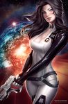  black_hair blue_eyes bodysuit breasts choker cleavage eyelashes glowing gun honeycomb_pattern large_breasts lips long_hair looking_at_viewer madeleineink mass_effect mass_effect_2 miranda_lawson nose solo space star watermark weapon 