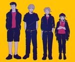  3boys :d arm_at_side bad_id bad_pixiv_id bangs black_footwear black_hair black_hat black_jacket black_pants black_shirt black_shorts closed_mouth crossed_arms full_body grey_hair grin hand_in_pocket hands_in_pockets harunathunder_(neruneruzzz) hat hiura_akane jacket jacket_on_shoulders light_frown lineup long_sleeves looking_at_viewer looking_to_the_side multiple_boys narasaka_touru open_clothes open_jacket open_mouth pants parted_bangs pompadour satori_ken shirt shoes short_sleeves shorts simple_background sketch smile sparkle standing t-shirt touma_isami world_trigger yellow_background 