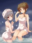  blush breasts brown_eyes brown_hair bubble_blowing cleavage grey_hair hair_up idolmaster idolmaster_cinderella_girls kanzaki_ranko looking_at_viewer medium_breasts multiple_girls naked_towel onsen red_eyes sitting takamori_aiko towel towel_on_head uraichishi white_towel 