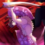  arch ass brown_hair choker decapitation dutch_angle expressionless floral_print fundoshi geta hair_ribbon harihisa japanese_clothes kicking kimono kneepits koutetsujou_no_kabaneri leg_up lips long_sleeves looking_at_viewer motion_blur mumei_(kabaneri) no_legwear outdoors parted_lips partially_visible_vulva purple_ribbon red_eyes ribbon ribbon_choker sandals short_hair short_kimono short_twintails silhouette sleeves_past_wrists solo_focus spread_legs standing standing_on_one_leg torii twintails upskirt wide_sleeves yellow_ribbon 