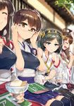  4girls :d ^_^ ahoge akagi_(kantai_collection) artist_name bespectacled black_hair black_legwear blue_eyes blurry blush boots borrowed_garments breasts brown_eyes brown_hair closed_eyes depth_of_field eating eyewear_switch food glasses hairband hakama_skirt headgear highres ice_cream kaga_(kantai_collection) kantai_collection kirishima_(kantai_collection) kongou_(kantai_collection) large_breasts looking_at_viewer multiple_girls muneate no_eyewear open_mouth out_of_frame outdoors pantyhose pout redrop ribbon-trimmed_sleeves ribbon_trim side_ponytail sitting smile source_request sparkle spoon thigh_boots thighhighs translated zettai_ryouiki 