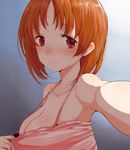  bangs blush brown_eyes brown_hair camisole commentary_request girls_und_panzer han_(jackpot) looking_at_viewer nishizumi_miho reaching_out self_shot solo spaghetti_strap top_pull 