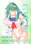  ;) bandana bare_shoulders blush breasts cameltoe collarbone contrapposto curvy elbow_gloves frog_hair_ornament gloves gohei green_hair groin hair_ornament hair_tubes hand_on_hip highleg highleg_leotard hips hisui_(stapspats) impossible_clothes index_finger_raised kochiya_sanae large_breasts leotard long_hair looking_at_viewer one_eye_closed sailor_collar smile snake_hair_ornament solo standing star star-shaped_pupils symbol-shaped_pupils thighhighs thighs touhou wide_hips yellow_eyes 