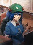  backpack bag blue_eyes blue_hair double_sided_wrench dress hair_bobbles hair_ornament hat kawashiro_nitori key looking_at_viewer minami_koyogi pocket puffy_short_sleeves puffy_sleeves short_hair short_sleeves skirt skirt_set smile solo touhou twintails two_side_up wrench 