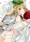  ahoge ass bare_shoulders blonde_hair blush bouquet breasts cleavage detached_sleeves dress fate/extra fate/extra_ccc fate/grand_order fate_(series) flower green_eyes hair_intakes highres jewelry kou_mashiro large_breasts lock looking_at_viewer necklace nero_claudius_(bride)_(fate) nero_claudius_(fate)_(all) padlock petals ponytail puffy_sleeves shiny shiny_skin smile solo white_sleeves 