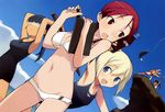  absurdres animal_ears arm_up armpits arms_up ass_visible_through_thighs bikini bikini_shorts black_hair blindfold blonde_hair blue_eyes blue_sky breasts charlotte_e_yeager cleavage clipboard coca-cola day erica_hartmann fang fish fishing_rod francesca_lucchini from_below front-tie_bikini front-tie_top hair_between_eyes highres minna-dietlinde_wilcke multiple_girls navel one-piece_swimsuit outdoors pen ponytail red_bikini red_eyes sakamoto_mio scan school_swimsuit shimada_fumikane short_hair shorts sky small_breasts strike_witches suikawari sweatdrop swimsuit twintails underboob white_bikini world_witches_series 
