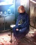  bed blonde_hair blood blue_jacket bookshelf boots facial_hair highres hospital hospital_bed in_container jacket jar male_focus silent_hill silent_hill_4 sitting smile solo sunakumo trench_coat walter_sullivan 