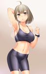  :o ahoge arm_up armpits bare_shoulders bike_shorts black_bra black_shorts blush bra breasts breath brown_background brown_eyes brown_hair cleavage collarbone contrapposto eyebrows hand_behind_head large_breasts looking_at_viewer midriff myouan navel original parted_lips shiny shiny_skin shorts simple_background skin_tight skindentation solo sports_bra standing standing_on_one_leg stomach sweat taut_clothes thick_eyebrows underwear visible_air wristband 