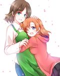  ;d apron blue_eyes brown_hair dutch_angle fujisaki_kyouya green_apron hand_on_another's_head highres hood hood_down hoodie hug kousaka_honoka kousaka_honoka's_mother long_sleeves love_live! love_live!_school_idol_project mother's_day mother_and_daughter multiple_girls one_eye_closed open_mouth petals short_hair smile 