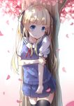  against_tree black_legwear blonde_hair blue_eyes blush clenched_hand cowboy_shot hair_ribbon hand_on_own_arm li_yang long_hair petals pleated_skirt puffy_short_sleeves puffy_sleeves ribbon saenai_heroine_no_sodatekata sawamura_spencer_eriri school_uniform serafuku shirt short_sleeves skirt solo sweater_vest thighhighs tree twintails wavy_mouth white_background 