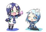  alternate_hair_length alternate_hairstyle black_legwear blue_eyes blue_hair commentary_request crossed_bandaids dress fang green_eyes hair_ribbon jako_(jakoo21) kantai_collection long_hair long_sleeves low_twintails multiple_girls one_eye_closed open_mouth ribbon sailor_dress samidare_(kantai_collection) suzukaze_(kantai_collection) tears twintails 
