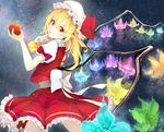  apple bad_id bad_pixiv_id bangs blonde_hair blue_flower blurry bow closed_mouth cowboy_shot cravat crystal depth_of_field finger_to_mouth fingernails flandre_scarlet flower food frilled_skirt frilled_sleeves frills fruit glowing_flower green_flower hair_between_eyes hat hat_bow hat_ribbon head_tilt holding holding_food holding_fruit light_particles long_fingernails long_hair looking_at_viewer mob_cap nail_polish one_side_up pink_flower pointy_ears puffy_short_sleeves puffy_sleeves purple_flower red_bow red_eyes red_nails red_ribbon red_skirt red_vest ribbon sharp_fingernails shirt short_sleeves shushing skirt skirt_set smile solo somalisu touhou vest white_bow white_hat white_shirt wings yellow_flower 