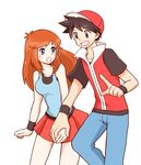  1girl :d angry black_hair blue_(pokemon) blush brown_hair hand_holding headwear headwear_removed jacket pokemon pokemon_special red_(pokemon) skirt smile 