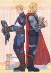  avengers baby_bottle blonde_hair blue_eyes bottle cape captain_america long_hair male_focus marvel milk multiple_boys nikumeron steve_rogers superhero thor_(marvel) 